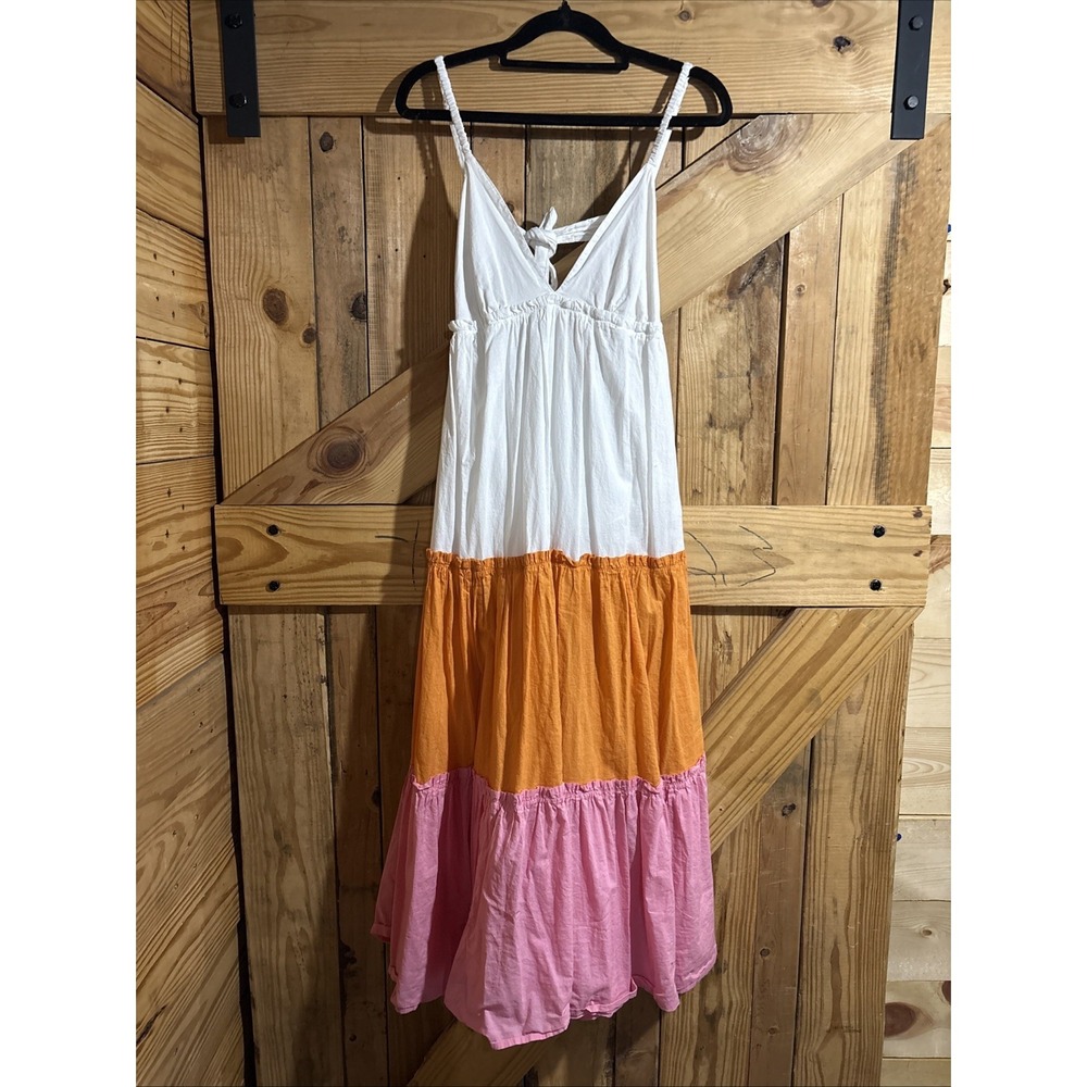 River Island contrast tiered midi beach dress with tie back white XS